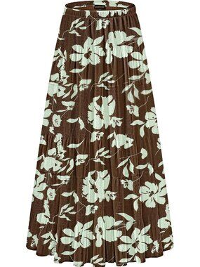 Women's Brown/White Floral Chiffon Elastic High Waist Pleated A-Line Long Skirt